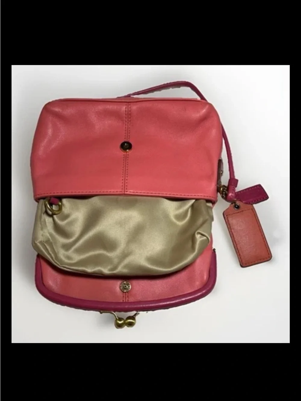 Coach Clutch/Wristlet, Foldover, Kisslock, Two-Tone Coral, Pink Leather, Brass - Picture 10 of 14